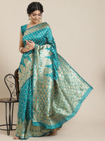 Thumbnail for Mitera Turquoise Blue Ethnic Motifs Zari Silk Blend Kanjeevaram Saree - Distacart