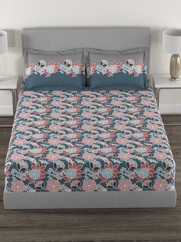 MYTRIDENT Blue Green Floral Cotton 144 TC Queen Bedsheet With 2 Pillow Covers - Distacart