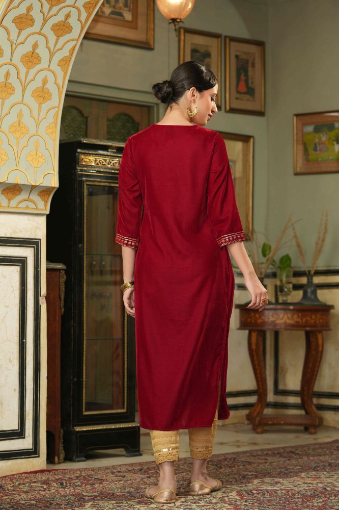 Juniper Maroon Velvet Festive Solid Embroidered Straight Kurta For Women - Distacart