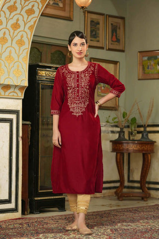 Juniper Maroon Velvet Festive Solid Embroidered Straight Kurta For Women - Distacart
