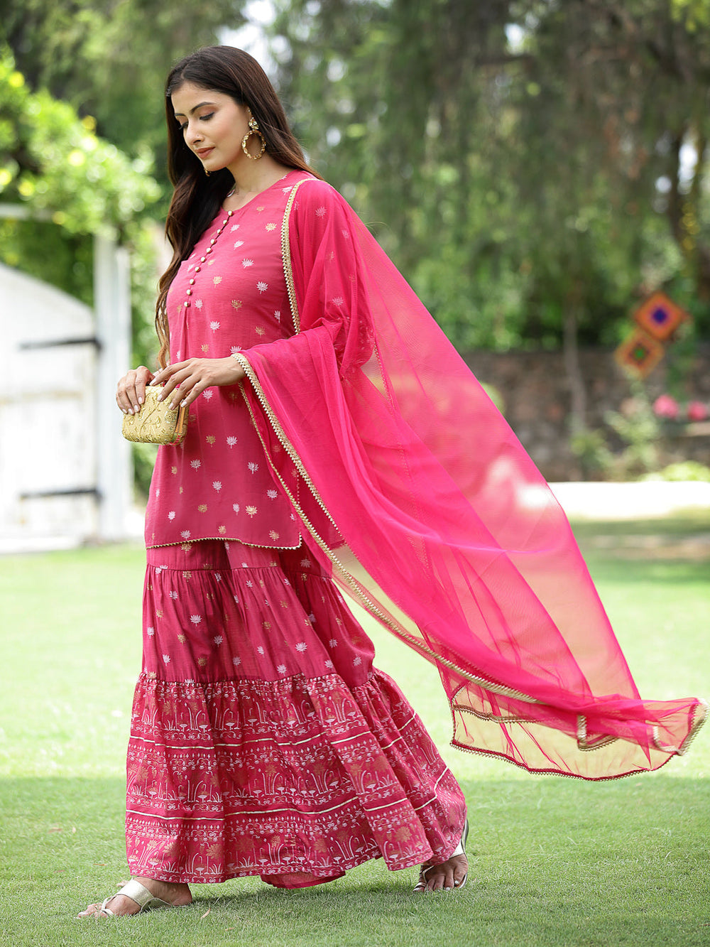 Juniper Fuchsia Mono Viscose Festive Embroidered Printed Straight Kurta Sharara Dupatta Set - Distacart