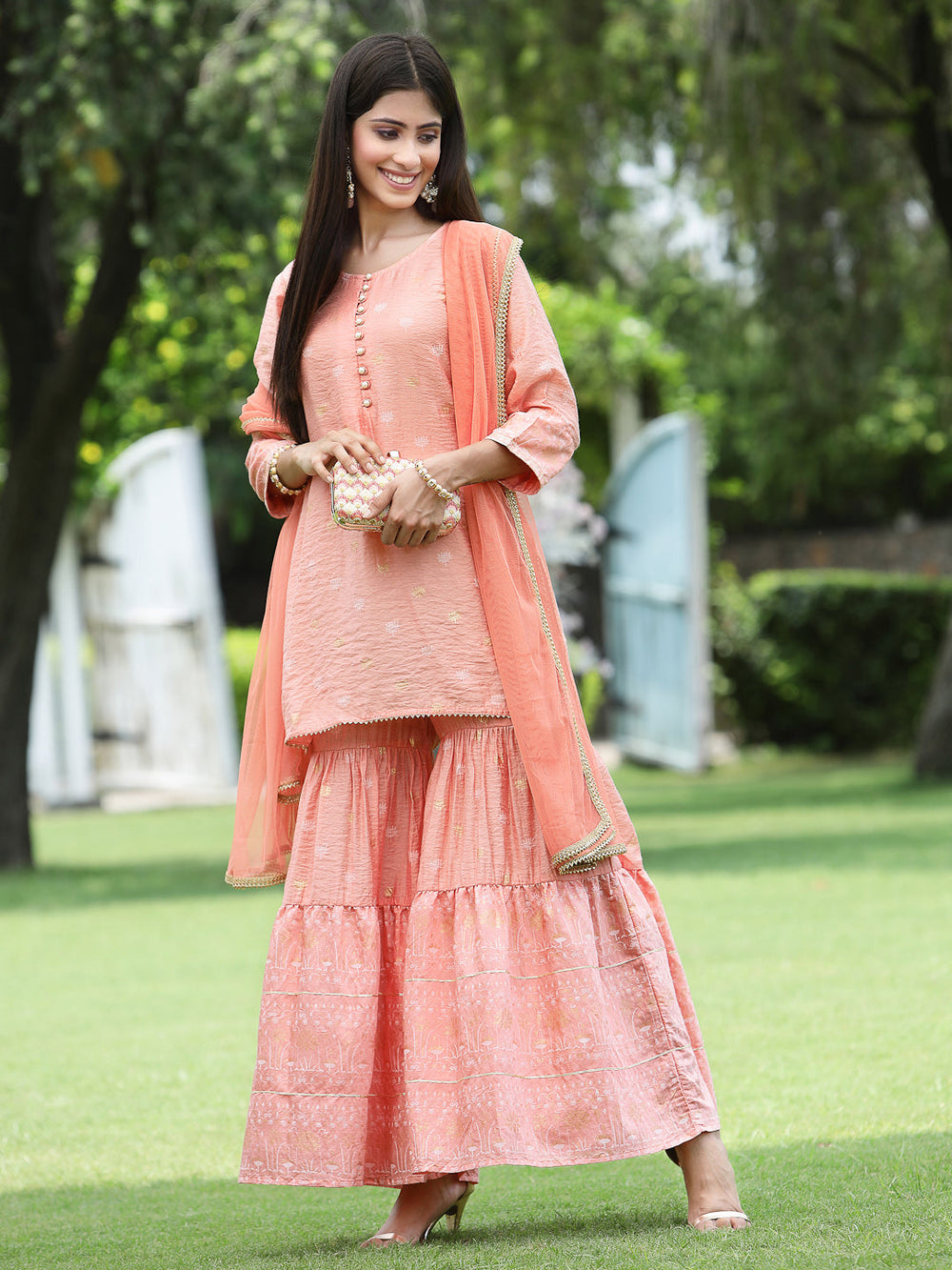 Juniper Peach Mono Viscose Festive Embroidered Printed Straight Kurta Sharara Dupatta Set - Distacart