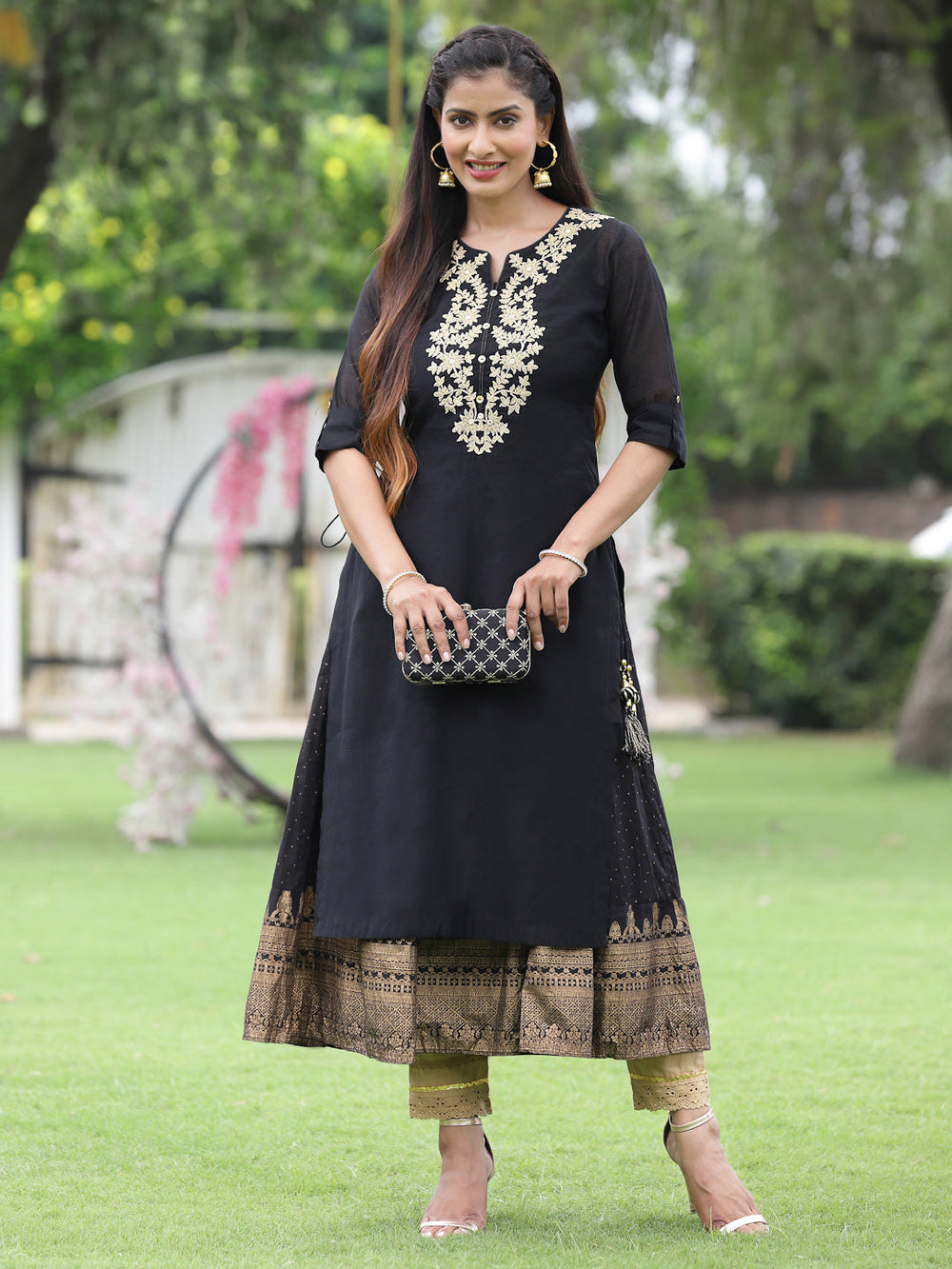 Juniper Women Black Chanderi Festive Embroidered + Printed Straight/Flared Kurta - Distacart