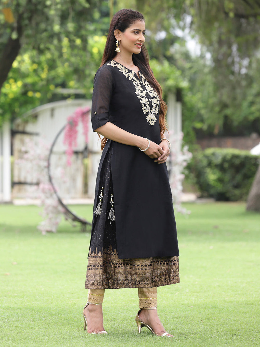 Juniper Women Black Chanderi Festive Embroidered + Printed Straight/Flared Kurta - Distacart