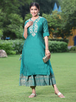 Thumbnail for Juniper Women Bottle Green Chanderi Festive Embroidered + Printed Straight/Flared Kurta - Distacart