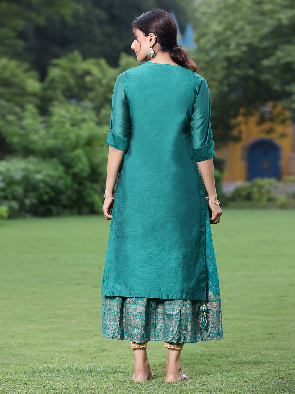 Juniper Women Bottle Green Chanderi Festive Embroidered + Printed Straight/Flared Kurta - Distacart
