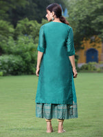 Thumbnail for Juniper Women Bottle Green Chanderi Festive Embroidered + Printed Straight/Flared Kurta - Distacart