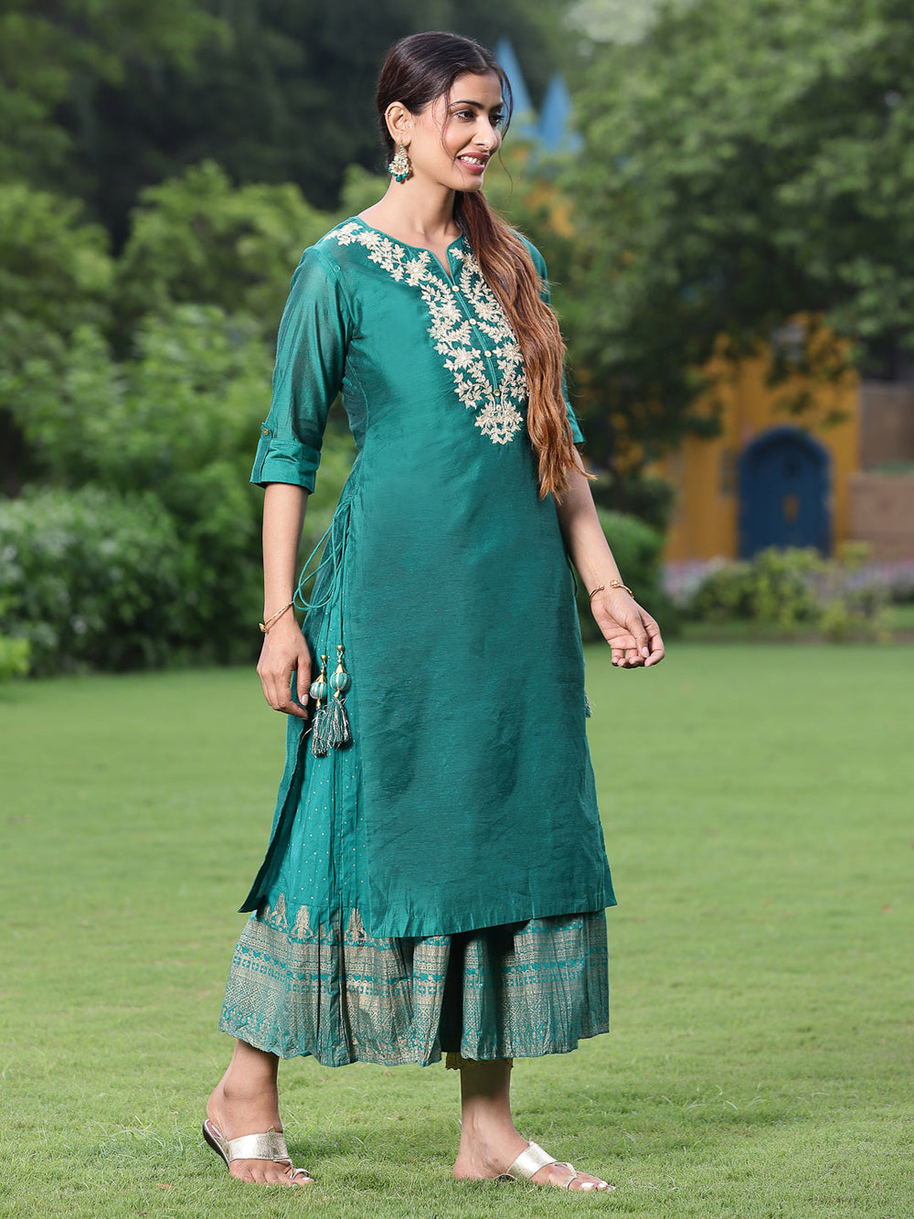 Juniper Women Bottle Green Chanderi Festive Embroidered + Printed Straight/Flared Kurta - Distacart