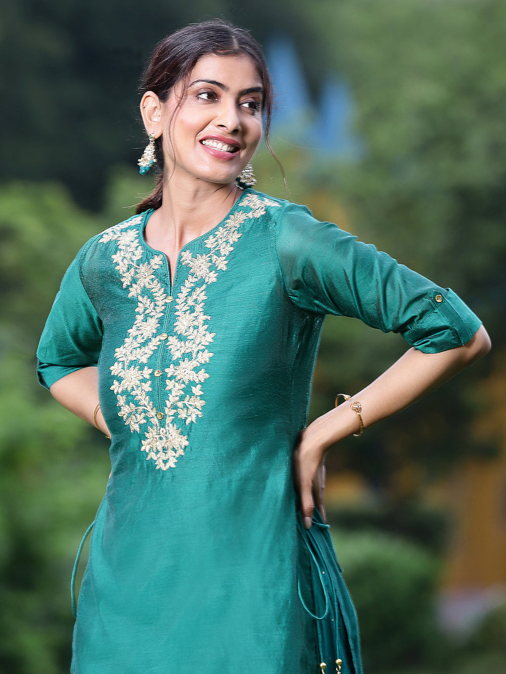 Juniper Women Bottle Green Chanderi Festive Embroidered + Printed Straight/Flared Kurta - Distacart