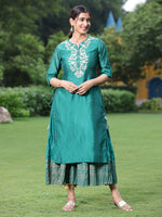 Thumbnail for Juniper Women Bottle Green Chanderi Festive Embroidered + Printed Straight/Flared Kurta - Distacart