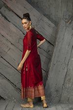 Thumbnail for Juniper Women Maroon Chanderi Festive Embroidered + Printed Straight/Flared Kurta - Distacart