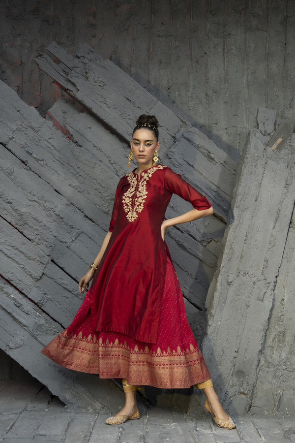 Juniper Women Maroon Chanderi Festive Embroidered + Printed Straight/Flared Kurta - Distacart