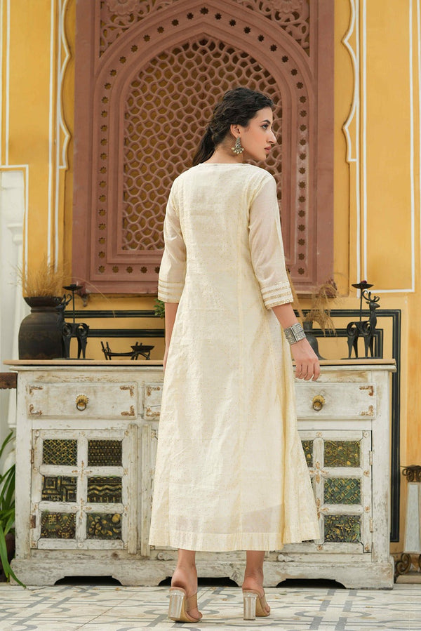 Juniper Beige Chanderi Festive Embroidered Polka Dot Printed Flared Kurta For Women - Distacart