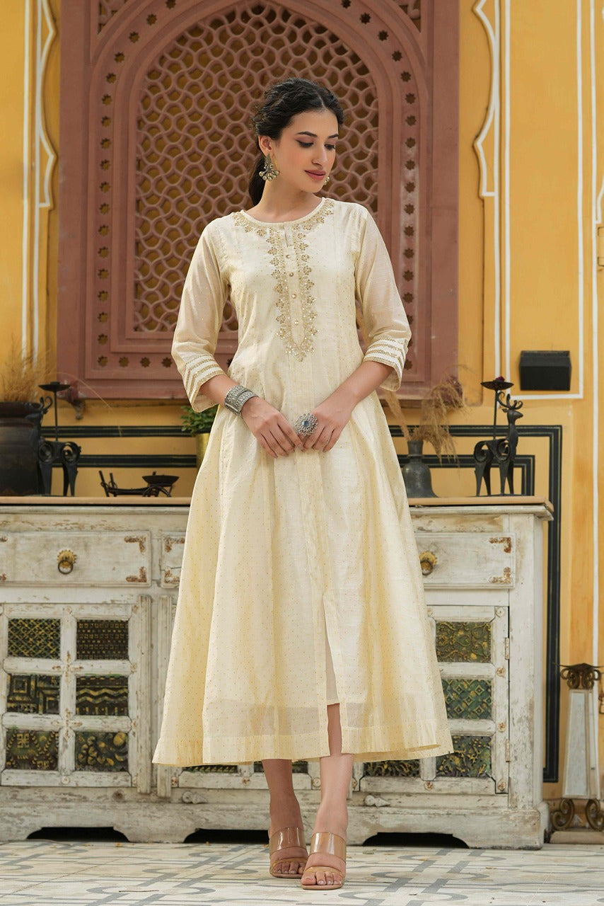 Juniper Beige Chanderi Festive Embroidered Polka Dot Printed Flared Kurta For Women - Distacart