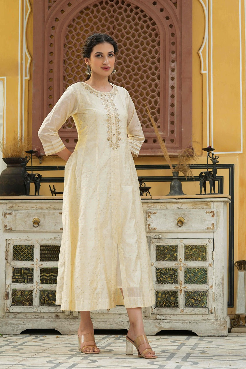 Juniper Beige Chanderi Festive Embroidered Polka Dot Printed Flared Kurta For Women - Distacart
