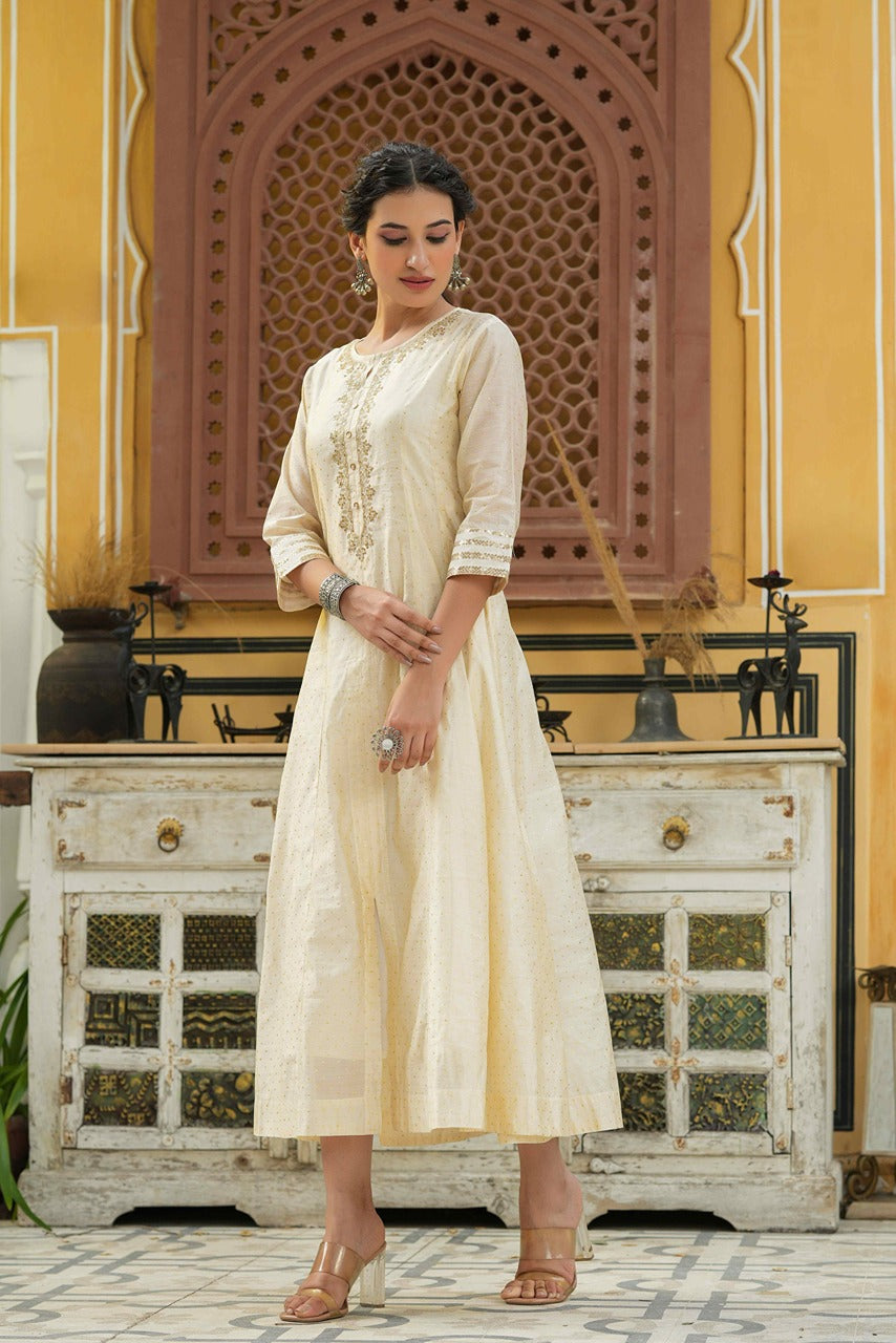 Juniper Beige Chanderi Festive Embroidered Polka Dot Printed Flared Kurta For Women - Distacart