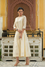 Thumbnail for Juniper Beige Chanderi Festive Embroidered Polka Dot Printed Flared Kurta For Women - Distacart