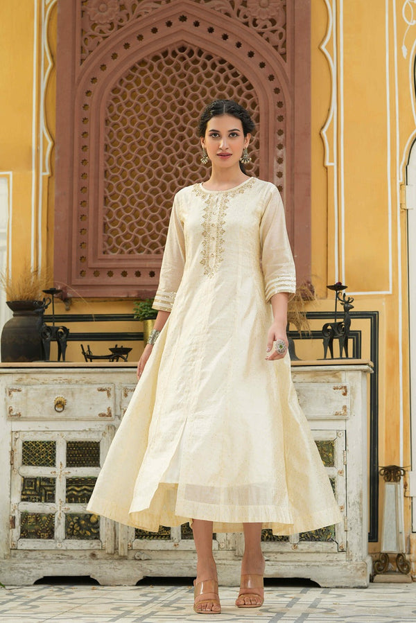 Juniper Beige Chanderi Festive Embroidered Polka Dot Printed Flared Kurta For Women - Distacart