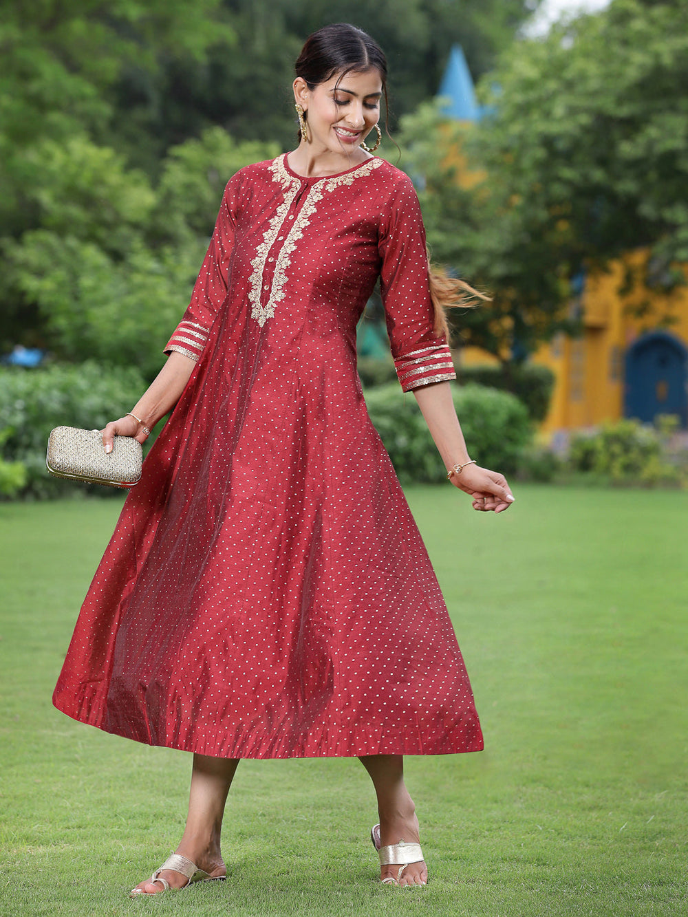 Juniper Women Maroon Chanderi Festive Embroidered + Polka Dot Printed Flared Kurta - Distacart
