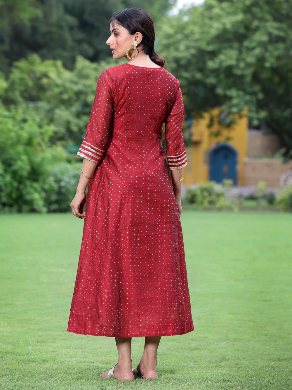 Juniper Women Maroon Chanderi Festive Embroidered + Polka Dot Printed Flared Kurta - Distacart