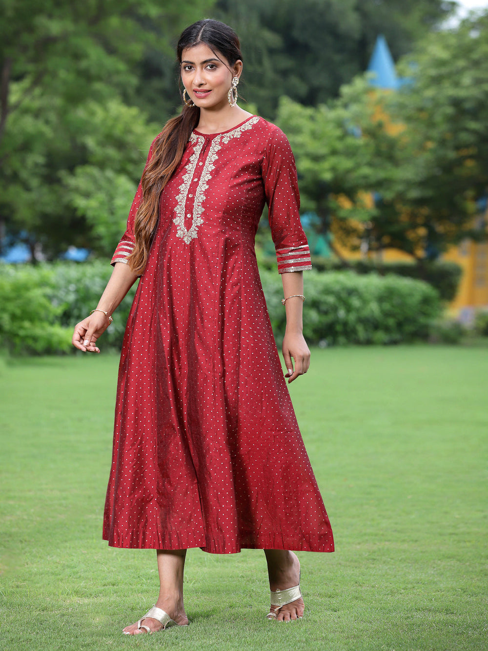 Juniper Women Maroon Chanderi Festive Embroidered + Polka Dot Printed Flared Kurta - Distacart