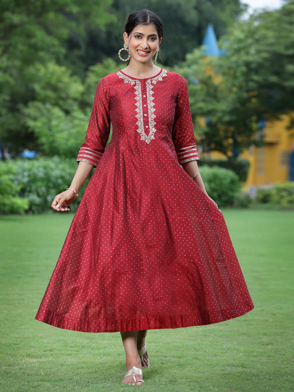 Juniper Women Maroon Chanderi Festive Embroidered + Polka Dot Printed Flared Kurta - Distacart