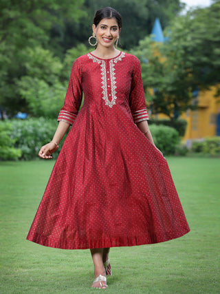 Juniper Women Maroon Chanderi Festive Embroidered + Polka Dot Printed Flared Kurta - Distacart