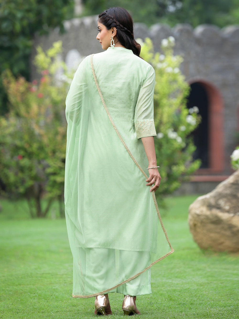 Juniper Mint Green Chanderi Festive Embroidered Polka Dot Printed A-line Kurta Set - Distacart