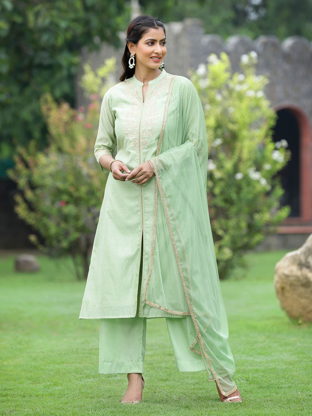 Juniper Mint Green Chanderi Festive Embroidered Polka Dot Printed A-line Kurta Set - Distacart