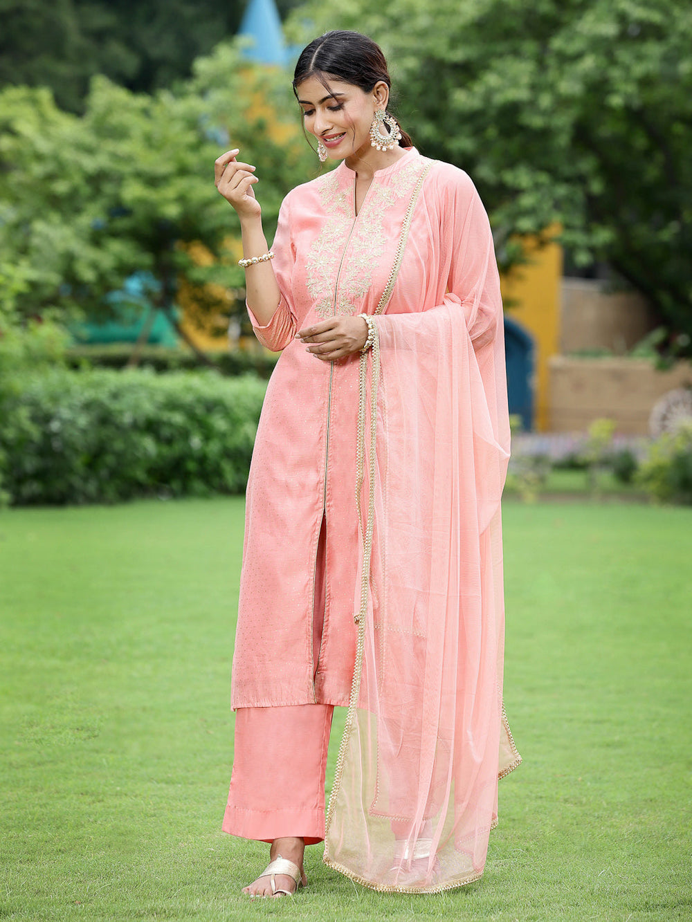 Juniper Peach Chanderi Festive Embroidered Polka Dot Printed A-line Kurta Set - Distacart
