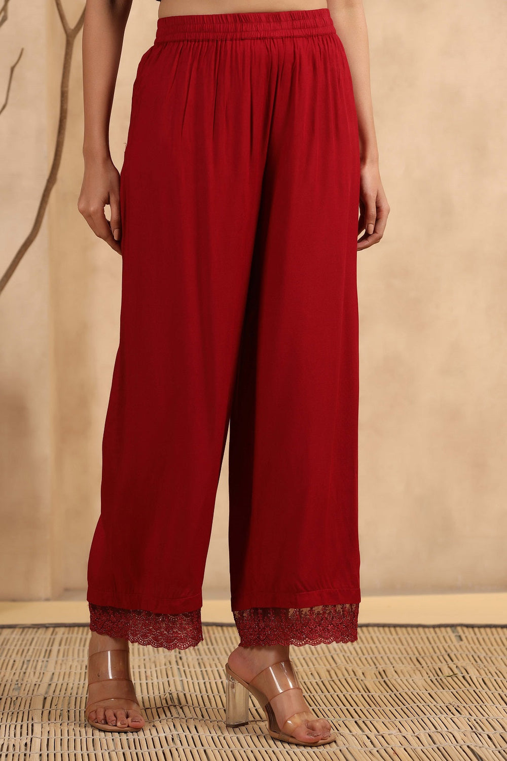 Juniper Women's Maroon Rayon Straight Solid Palazzo - Distacart