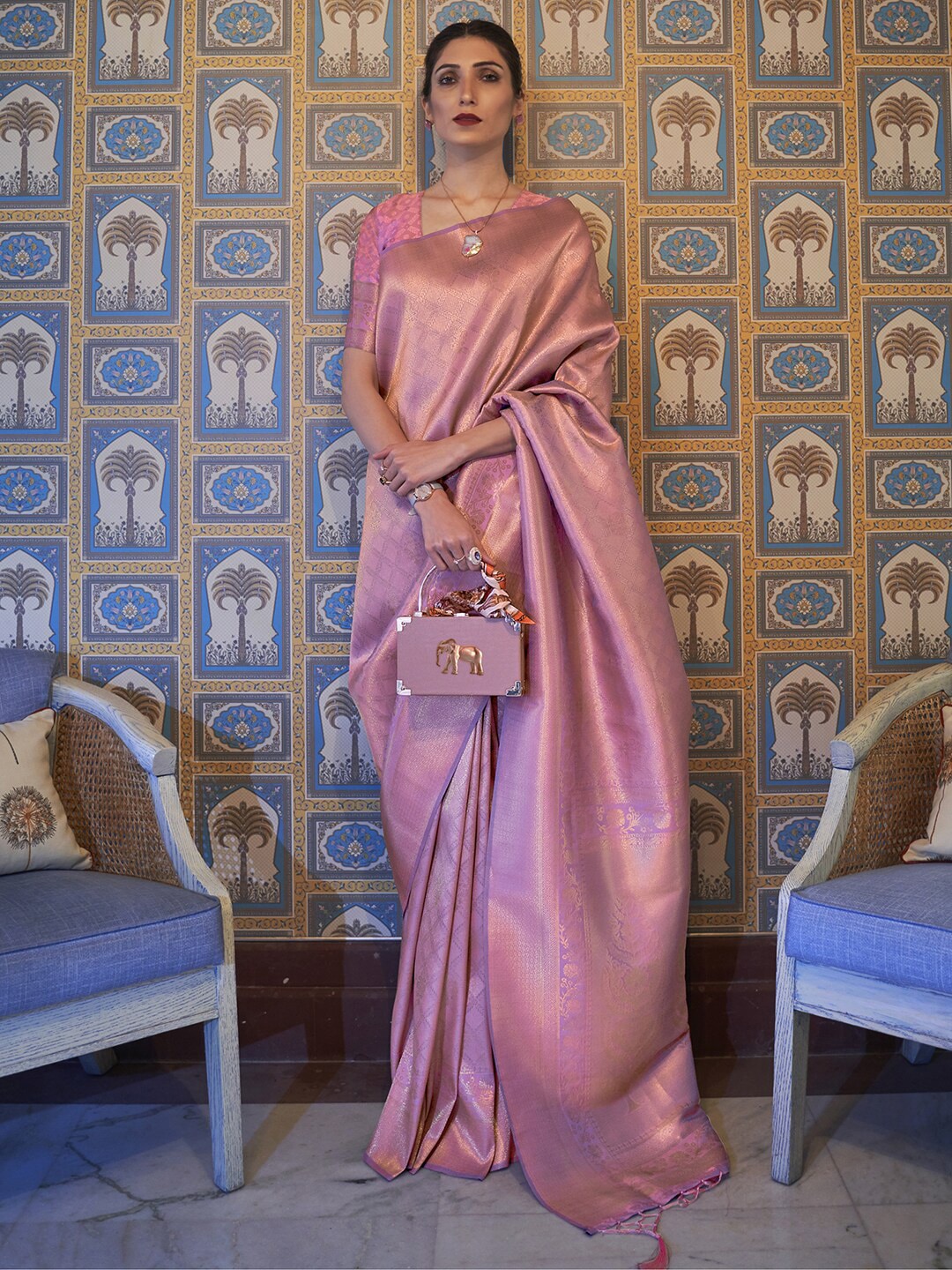 Mitera Mauve & Gold-Toned Ethnic Motifs Zari Kanjeevaram Saree - Distacart