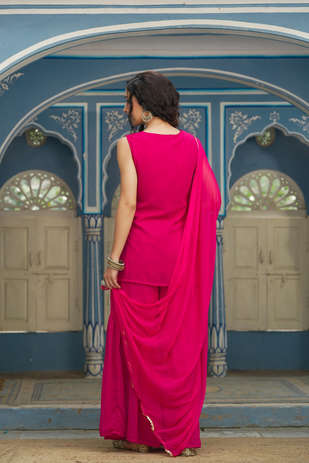 Juniper Fuchsia Georgette Festive Embroidered Straight Kurta Sharara Dupatta Set For Women - Distacart