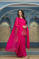 Thumbnail for Juniper Fuchsia Georgette Festive Embroidered Straight Kurta Sharara Dupatta Set For Women - Distacart