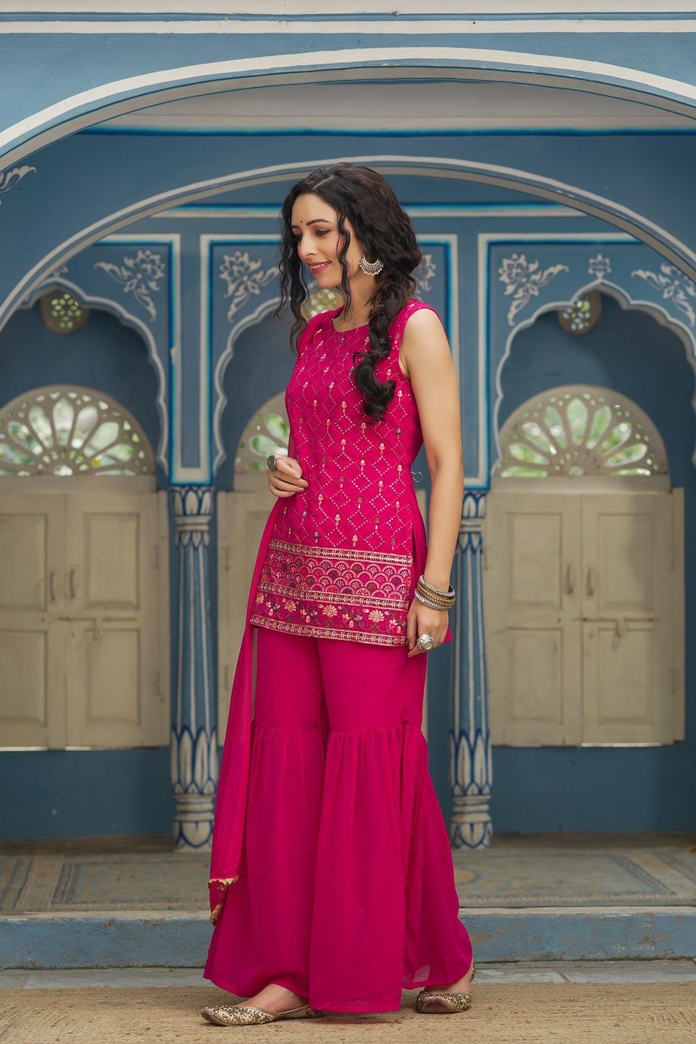 Juniper Fuchsia Georgette Festive Embroidered Straight Kurta Sharara Dupatta Set For Women - Distacart