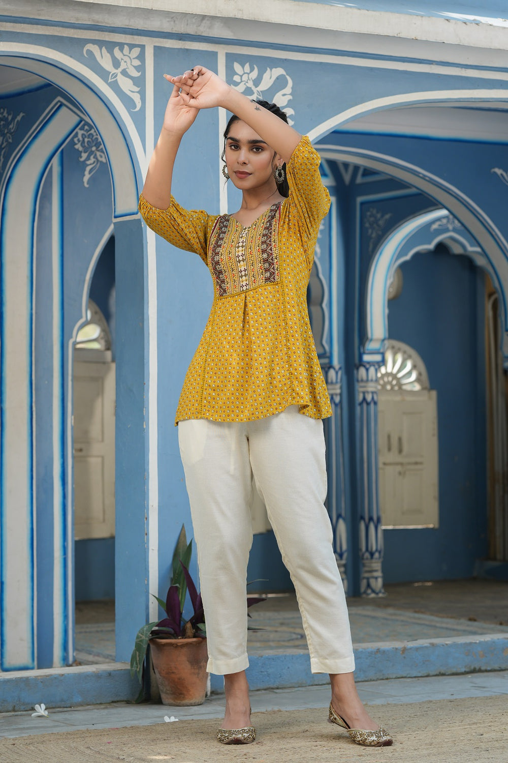 Juniper Mustard Rayon Festive Printed A-Line Tunic For Women - Distacart
