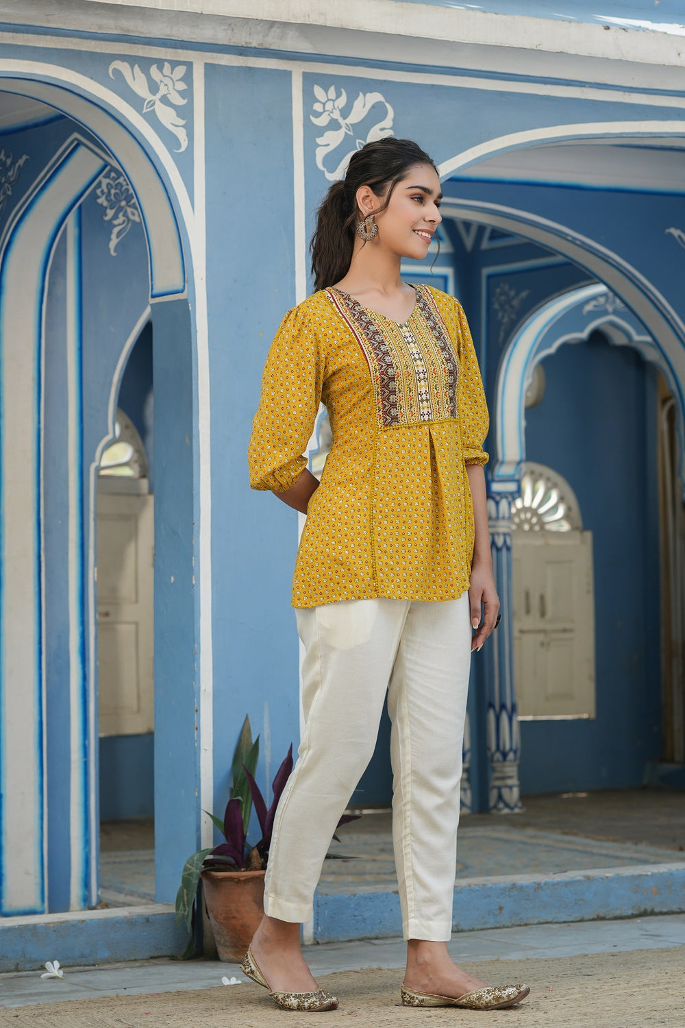 Juniper Mustard Rayon Festive Printed A-Line Tunic For Women - Distacart