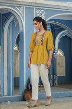 Thumbnail for Juniper Mustard Rayon Festive Printed A-Line Tunic For Women - Distacart