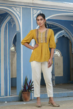 Thumbnail for Juniper Mustard Rayon Festive Printed A-Line Tunic For Women - Distacart