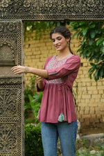 Thumbnail for Juniper Onion Pink Rayon Festive Embroidered A-Line Tunic For Women - Distacart