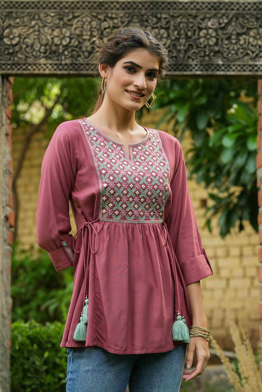 Juniper Onion Pink Rayon Festive Embroidered A-Line Tunic For Women - Distacart