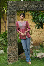 Thumbnail for Juniper Onion Pink Rayon Festive Embroidered A-Line Tunic For Women - Distacart