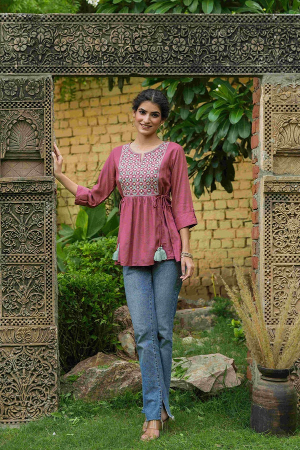 Juniper Onion Pink Rayon Festive Embroidered A-Line Tunic For Women - Distacart