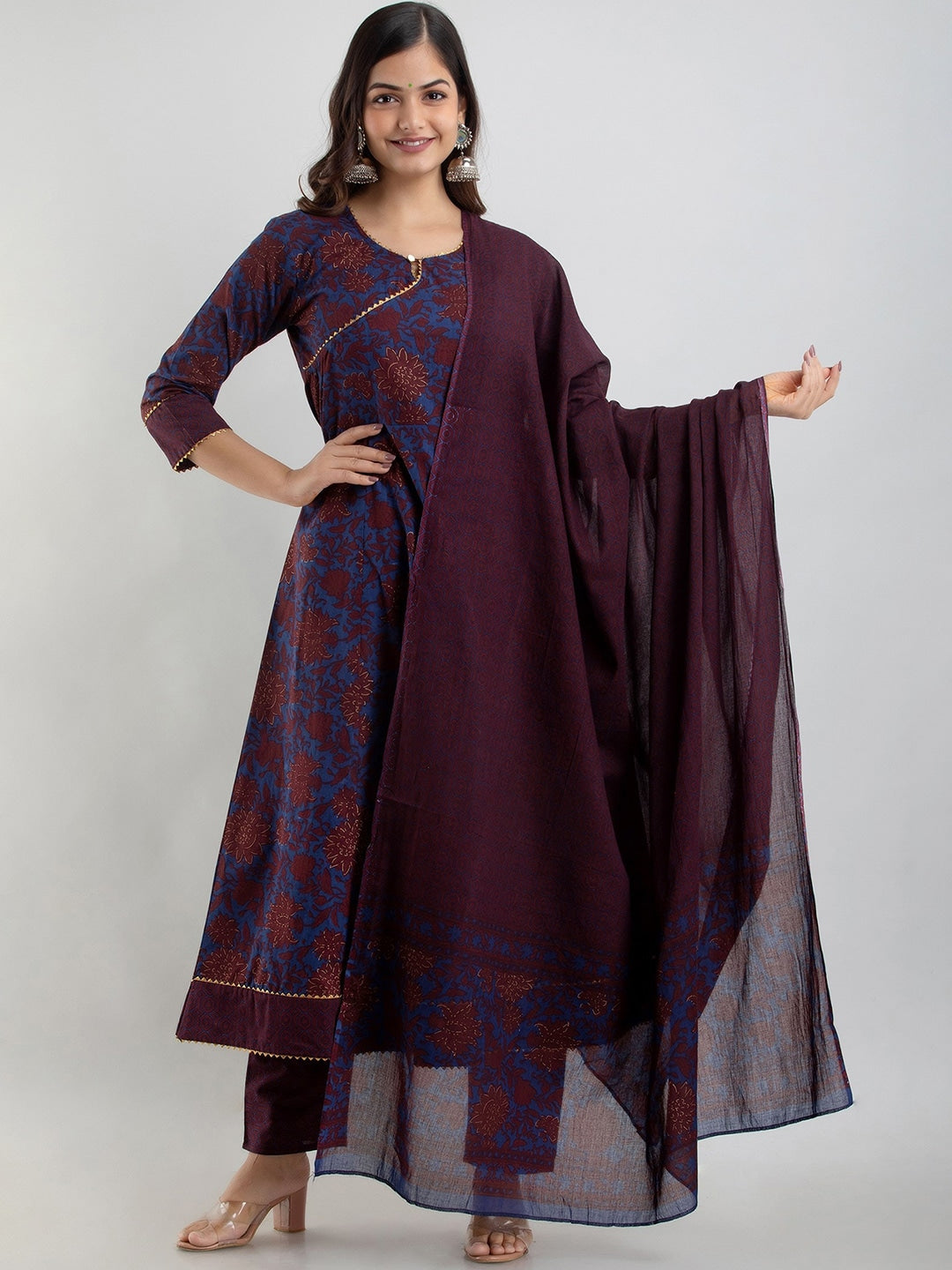 Kalini Women Coffee Brown Ethnic Motifs Printed Gotta Patti Kurta with Trousers & With Dupatta - Distacart