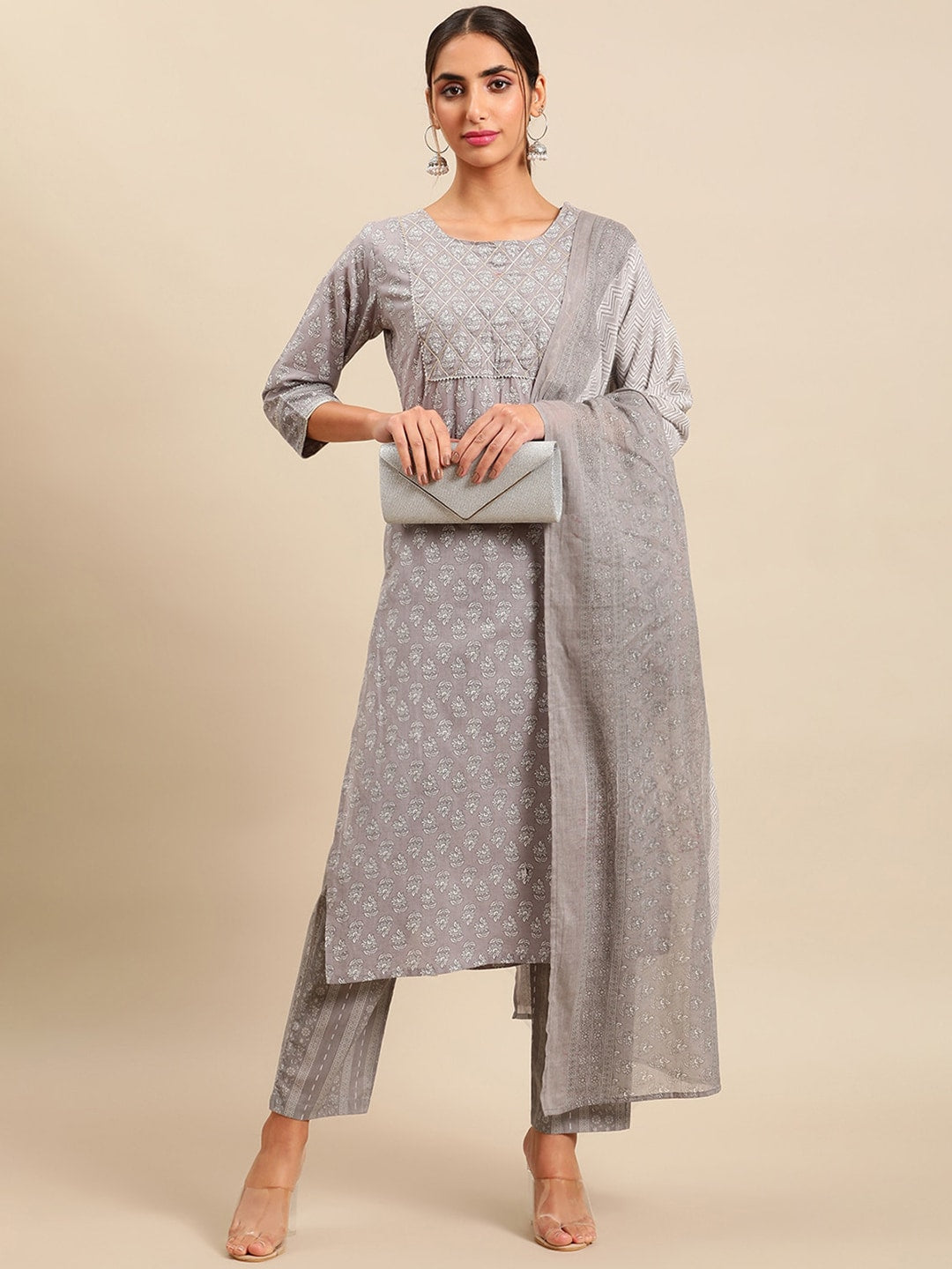 Sangria Women Floral Printed Empire Pure Cotton Kurta with Trousers & With Dupatta - Distacart