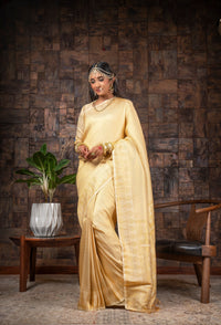 Thumbnail for Vardha Gardenia Cream Golden Zari Kanjeevaram Silk Saree