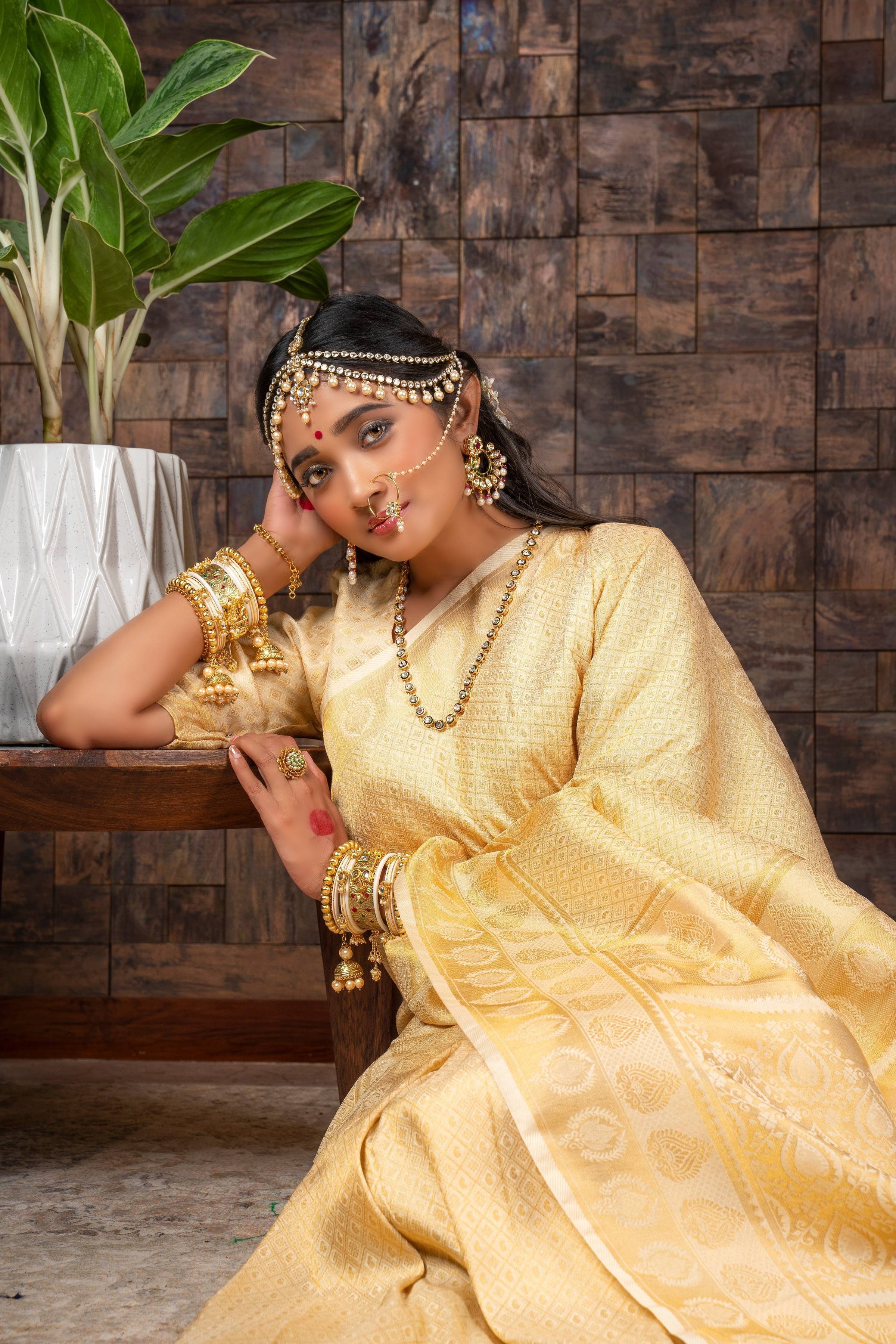 Vardha Gardenia Cream Golden Zari Kanjeevaram Silk Saree