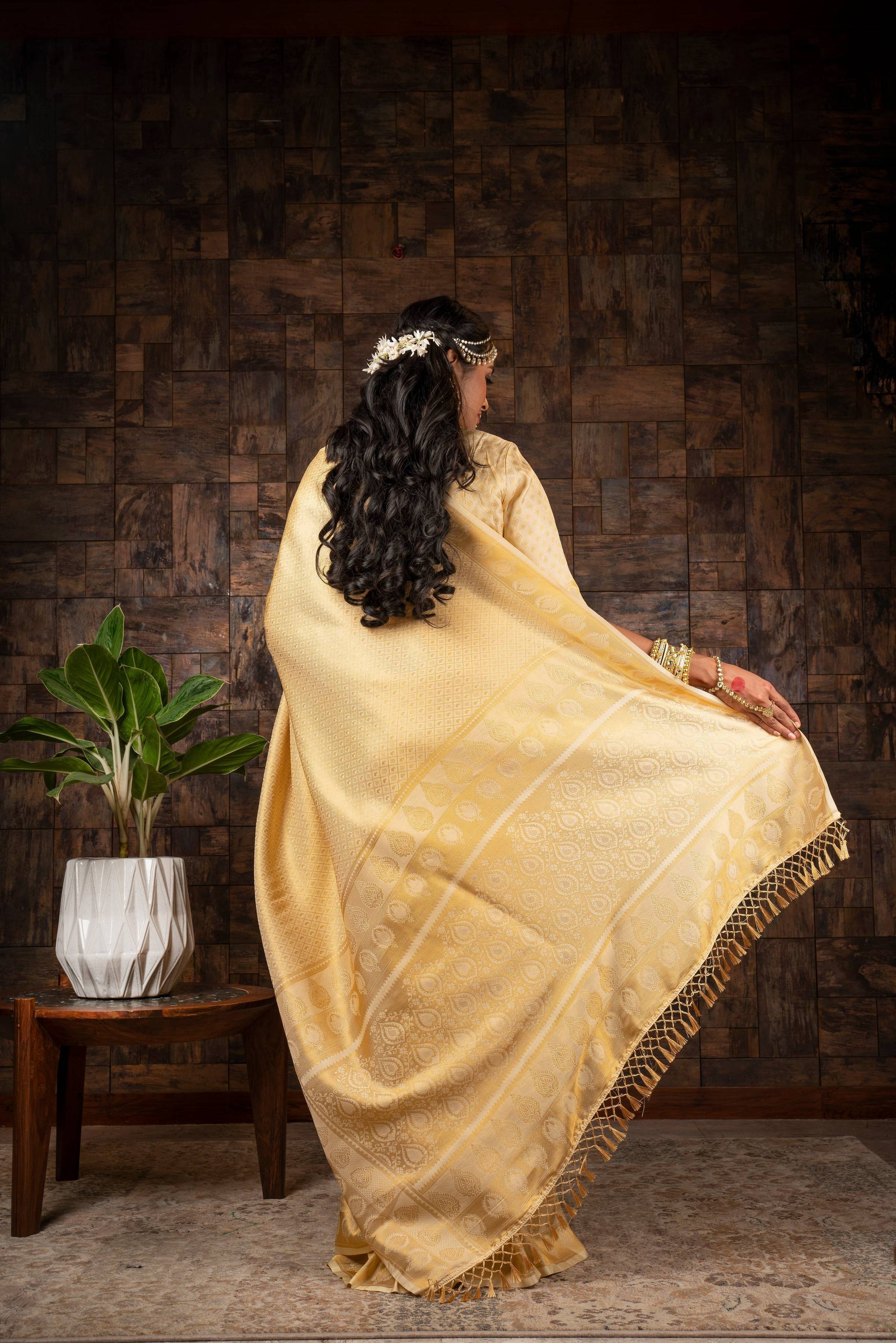 Vardha Gardenia Cream Golden Zari Kanjeevaram Silk Saree