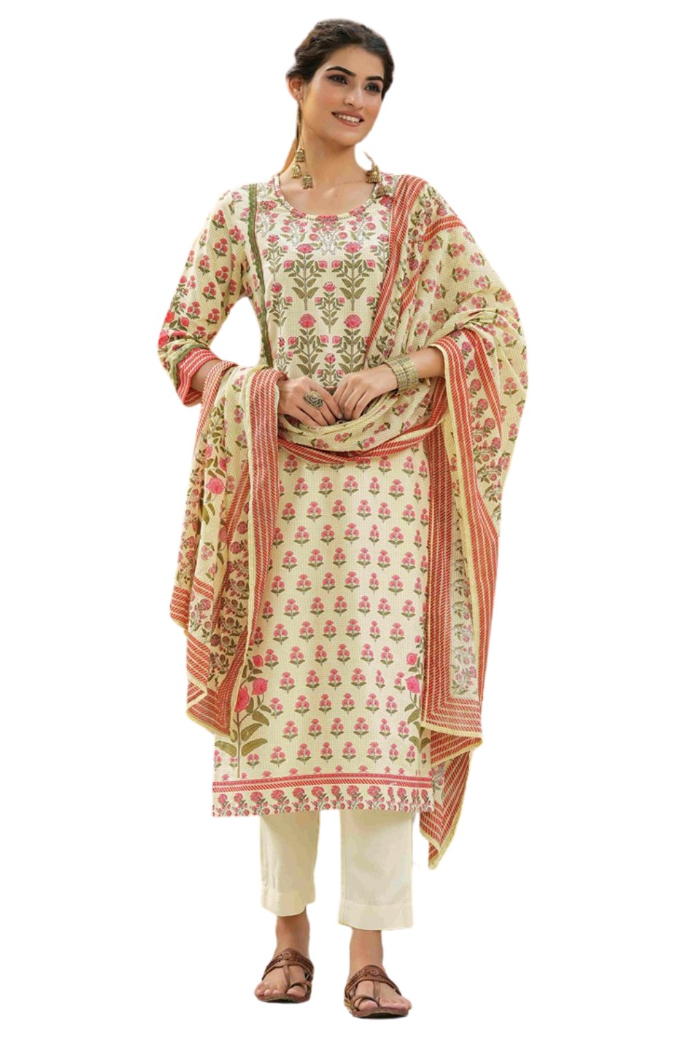 Juniper Ivory Rayon Slub Fusion Polka Print Kurta Set For Women - Distacart