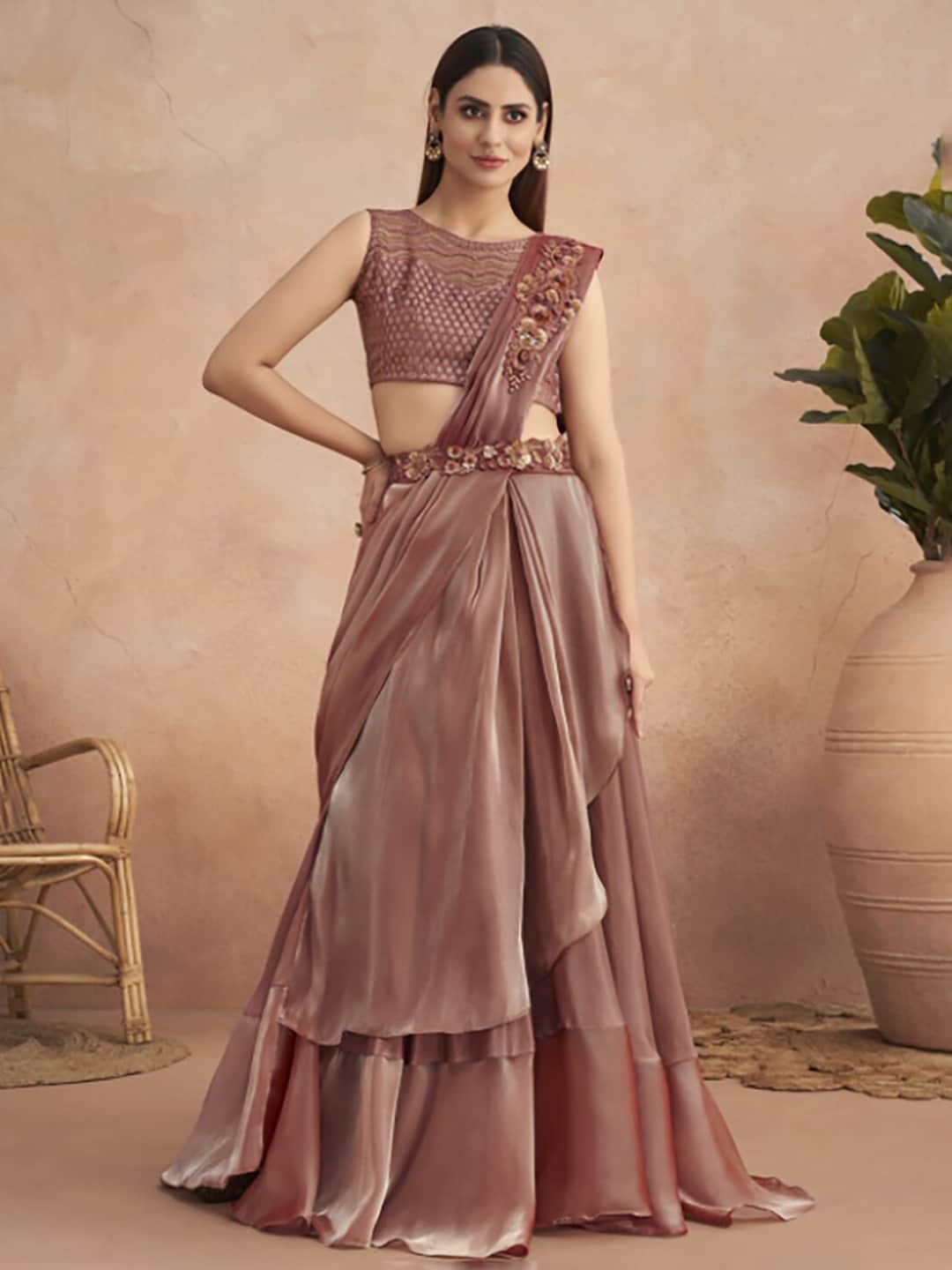 Mitera Brown Floral Embroidered Saree - Distacart